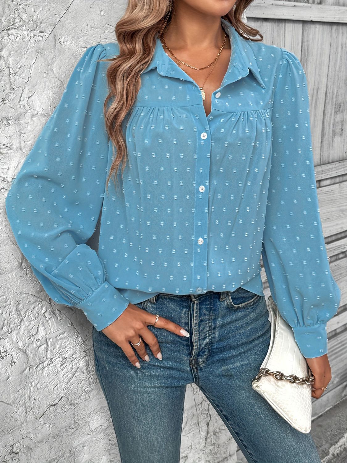 Full Size Swiss Dot Collared Neck Long Sleeve Shirt - Purcell's Clothing Company - 