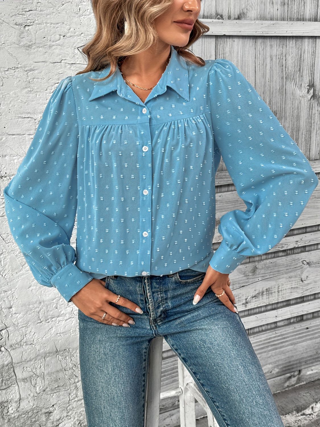 Full Size Swiss Dot Collared Neck Long Sleeve Shirt - Purcell's Clothing Company - 