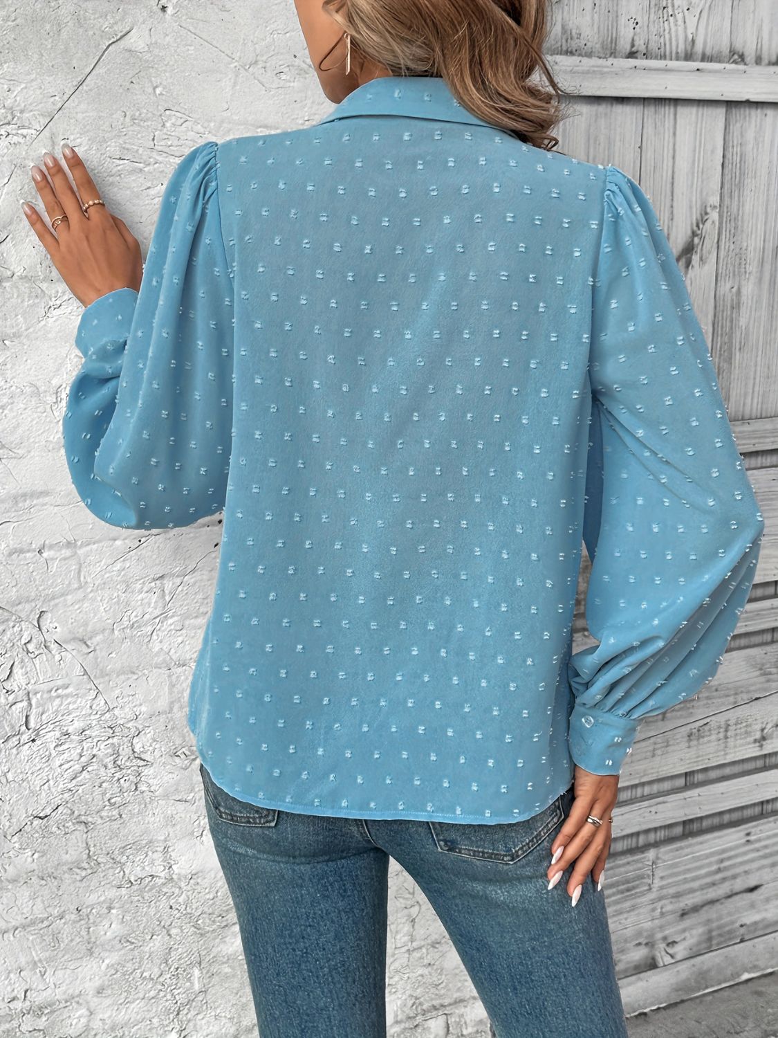 Full Size Swiss Dot Collared Neck Long Sleeve Shirt - Purcell's Clothing Company - 