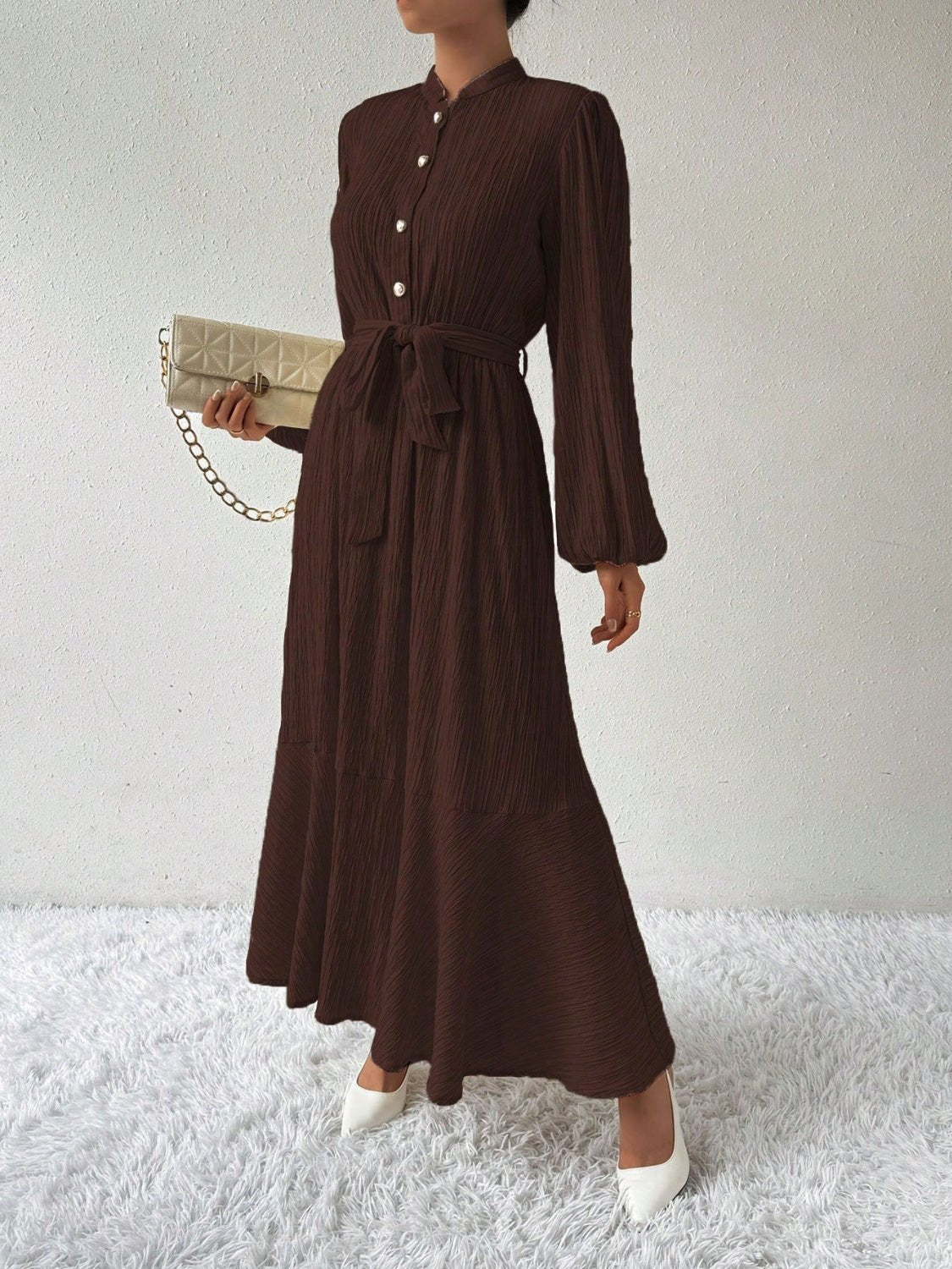 Half Button Tie Waist Long Sleeve Maxi Dress - Purcell's Clothing Company - 