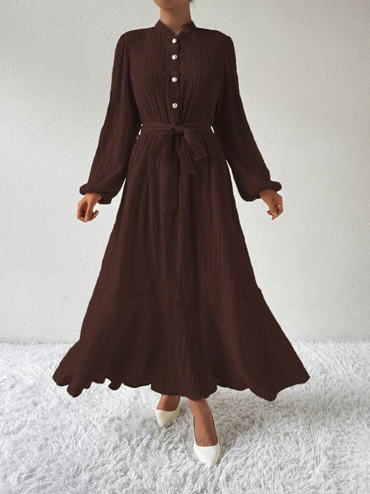 Half Button Tie Waist Long Sleeve Maxi Dress - Purcell's Clothing Company - 