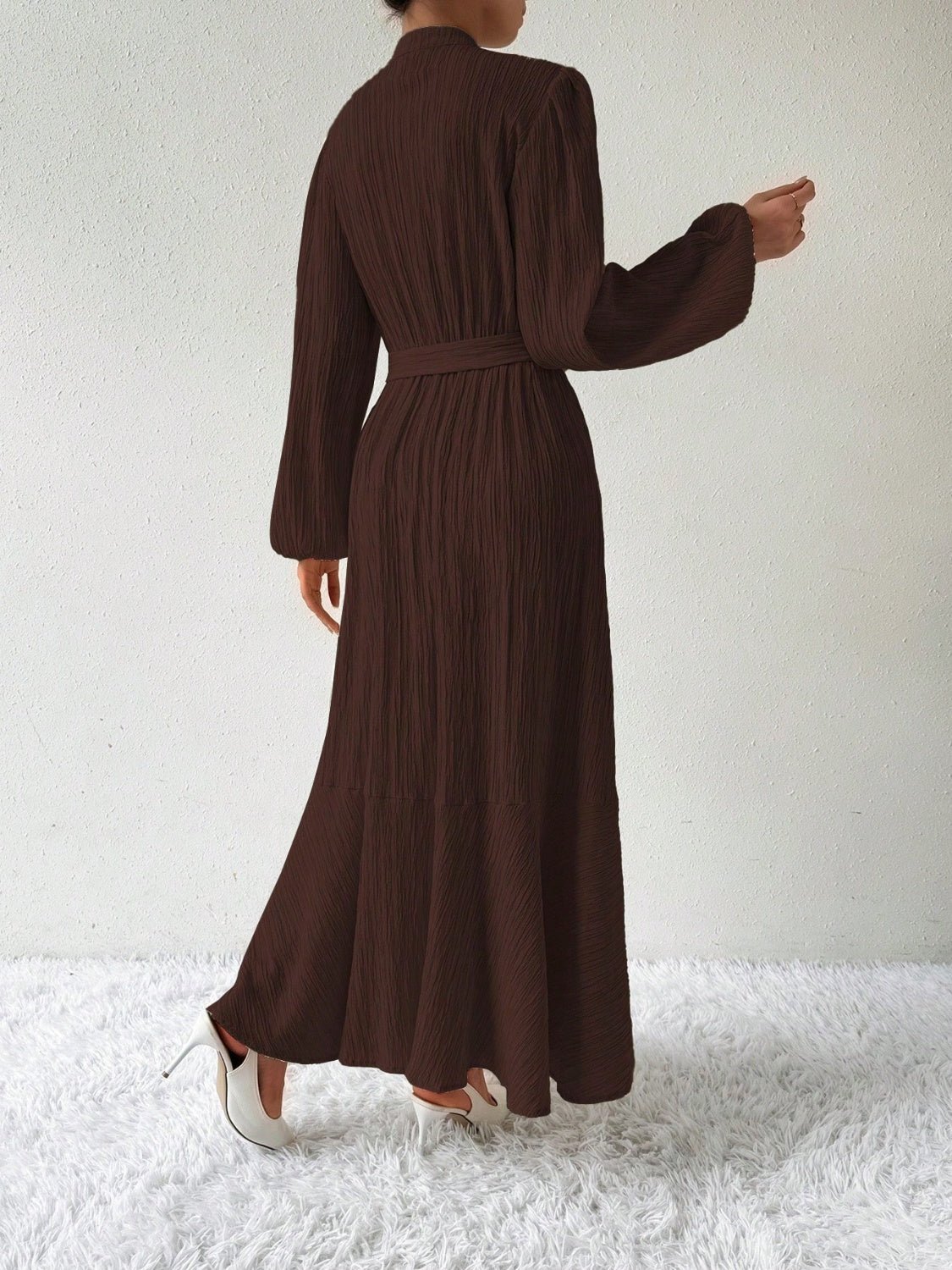 Half Button Tie Waist Long Sleeve Maxi Dress - Purcell's Clothing Company - 