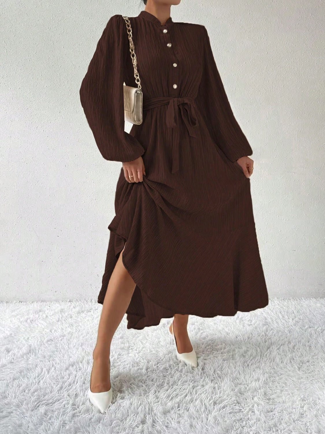 Half Button Tie Waist Long Sleeve Maxi Dress - Purcell's Clothing Company - 