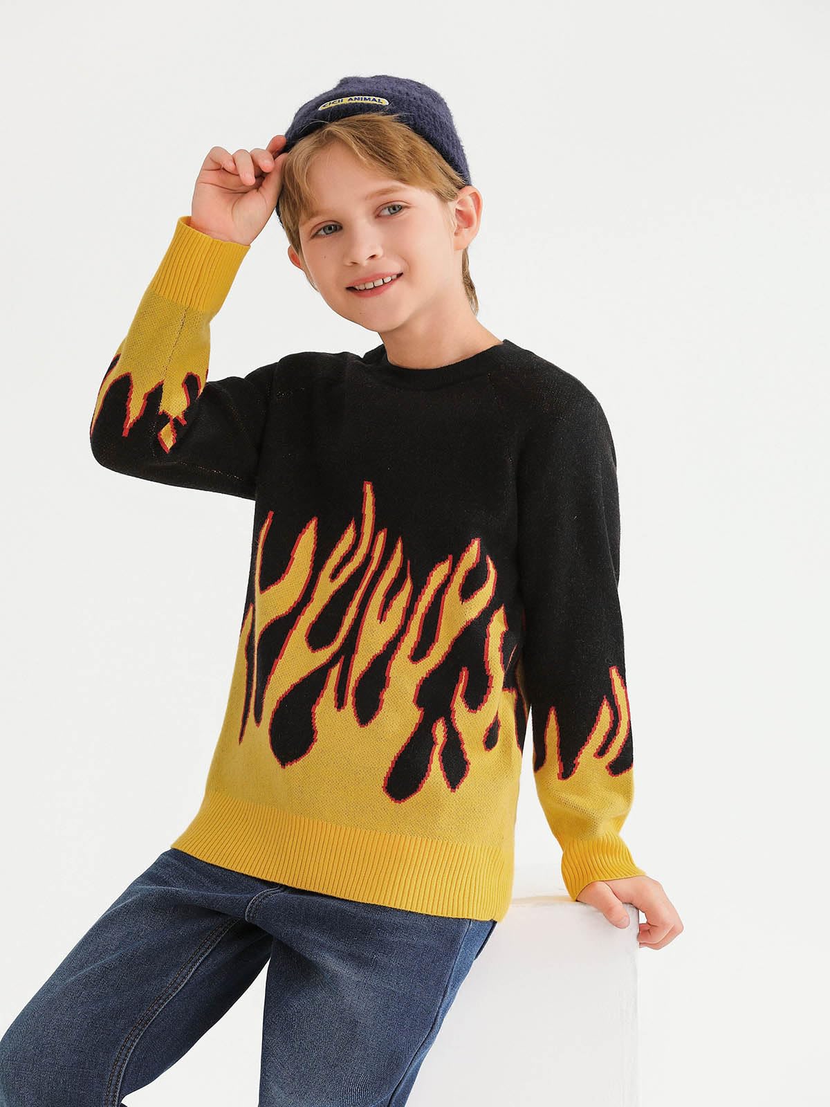 Haloumoning Boys Crewneck Sweater Kids Flame Pattern Long Sleeve Knit Pullover Sweaters 4 - 14 Years - Purcell's Clothing Company - 