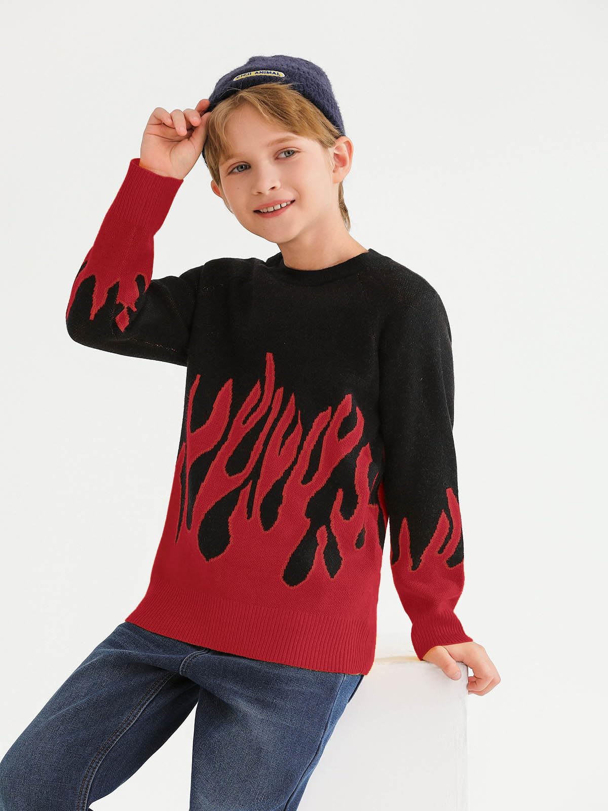 Haloumoning Boys Crewneck Sweater Kids Flame Pattern Long Sleeve Knit Pullover Sweaters 4 - 14 Years - Purcell's Clothing Company - 