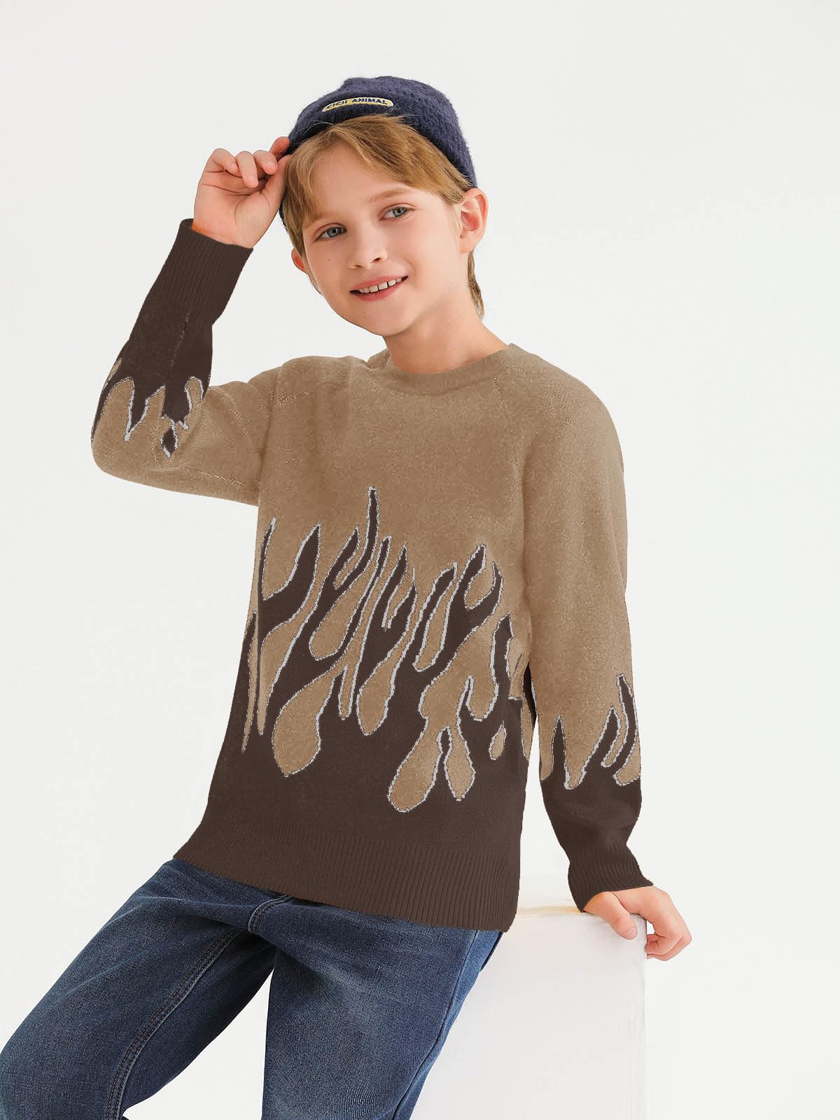 Haloumoning Boys Crewneck Sweater Kids Flame Pattern Long Sleeve Knit Pullover Sweaters 4 - 14 Years - Purcell's Clothing Company - 