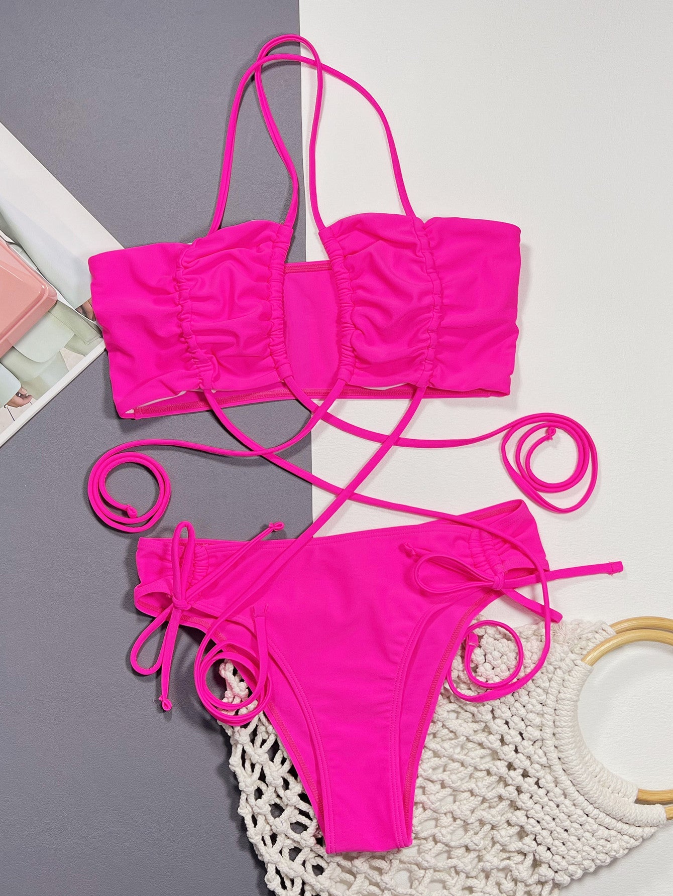 Halter Neck Drawstring Detail Bikini Set - Purcell's Clothing Company - 