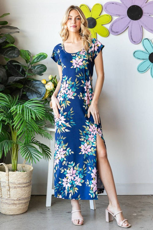 Heimish Full Size Floral Short Sleeve Slit Dress - Purcell's Clothing Company - 