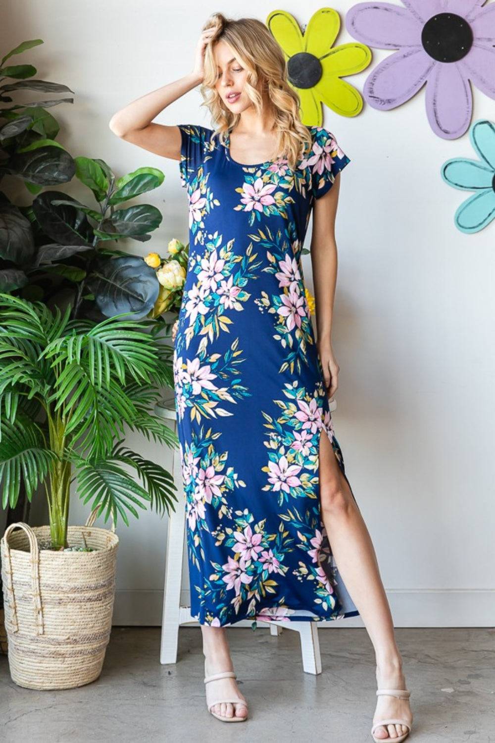 Heimish Full Size Floral Short Sleeve Slit Dress - Purcell's Clothing Company - 