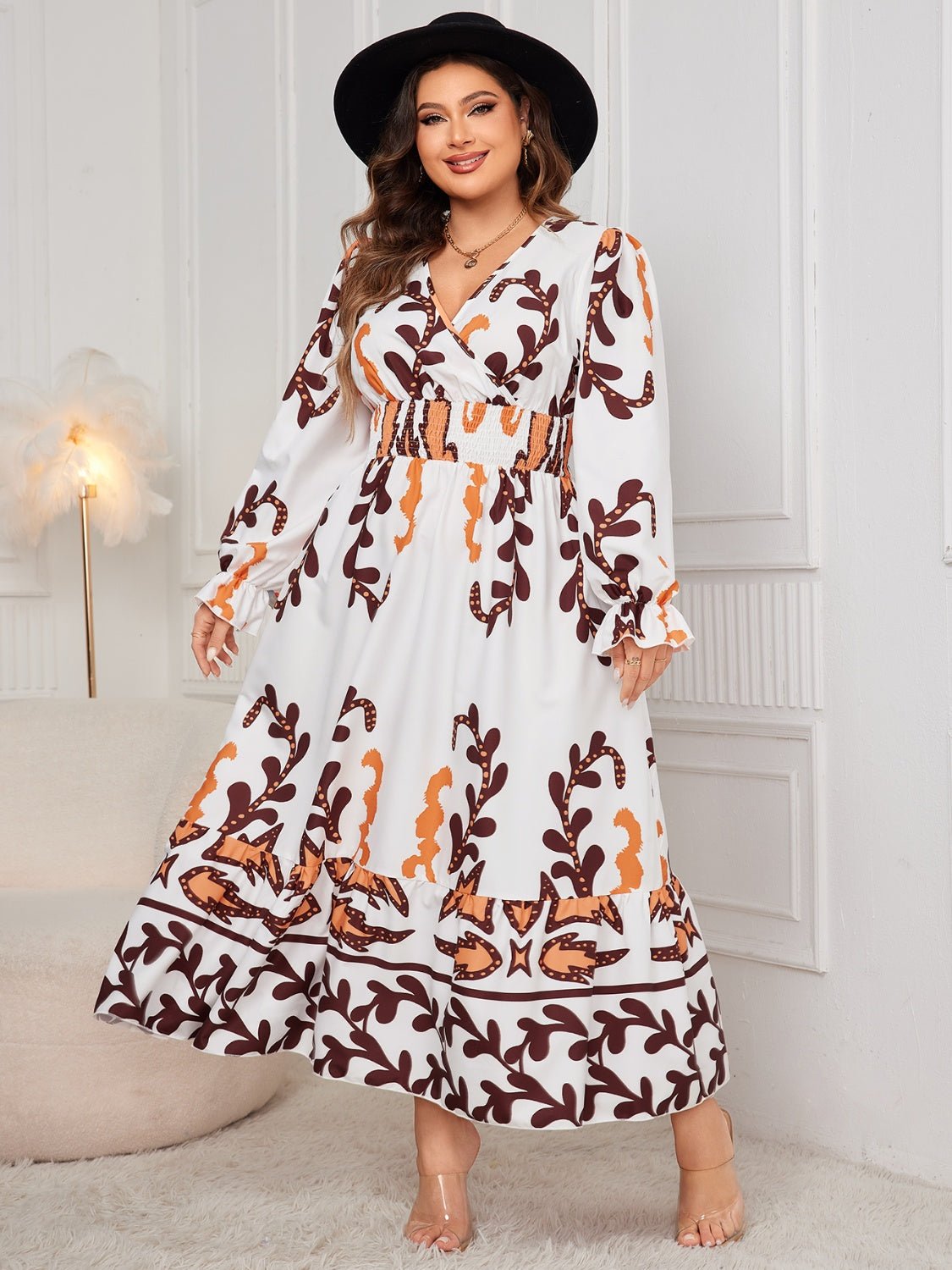 Honey Plus Size Printed Surplice Flounce Sleeve Dress - Purcell's Clothing Company - 