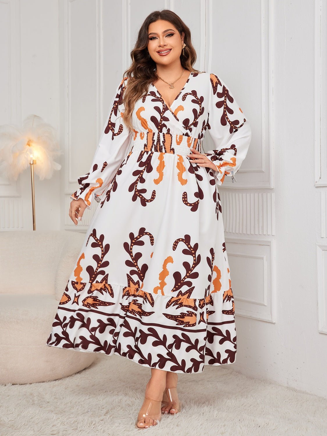 Honey Plus Size Printed Surplice Flounce Sleeve Dress - Purcell's Clothing Company - 