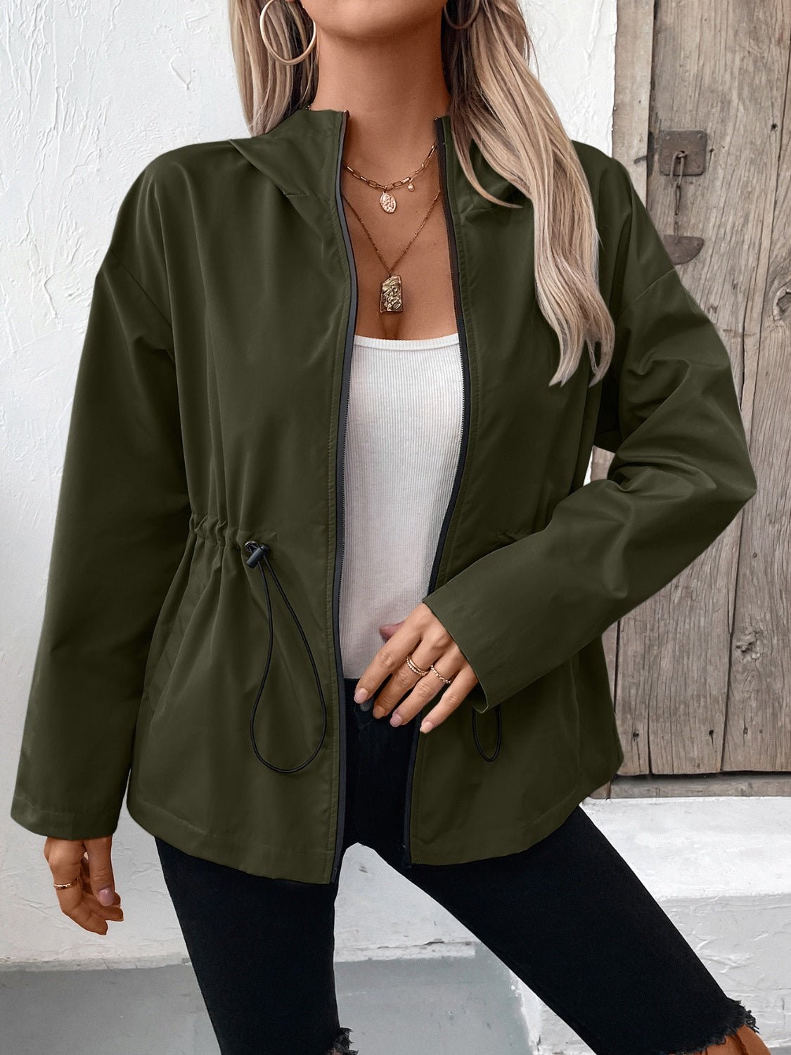 Ivy Lane Drawstring Zip Up Hooded Jacket - Purcell's Clothing Company - 