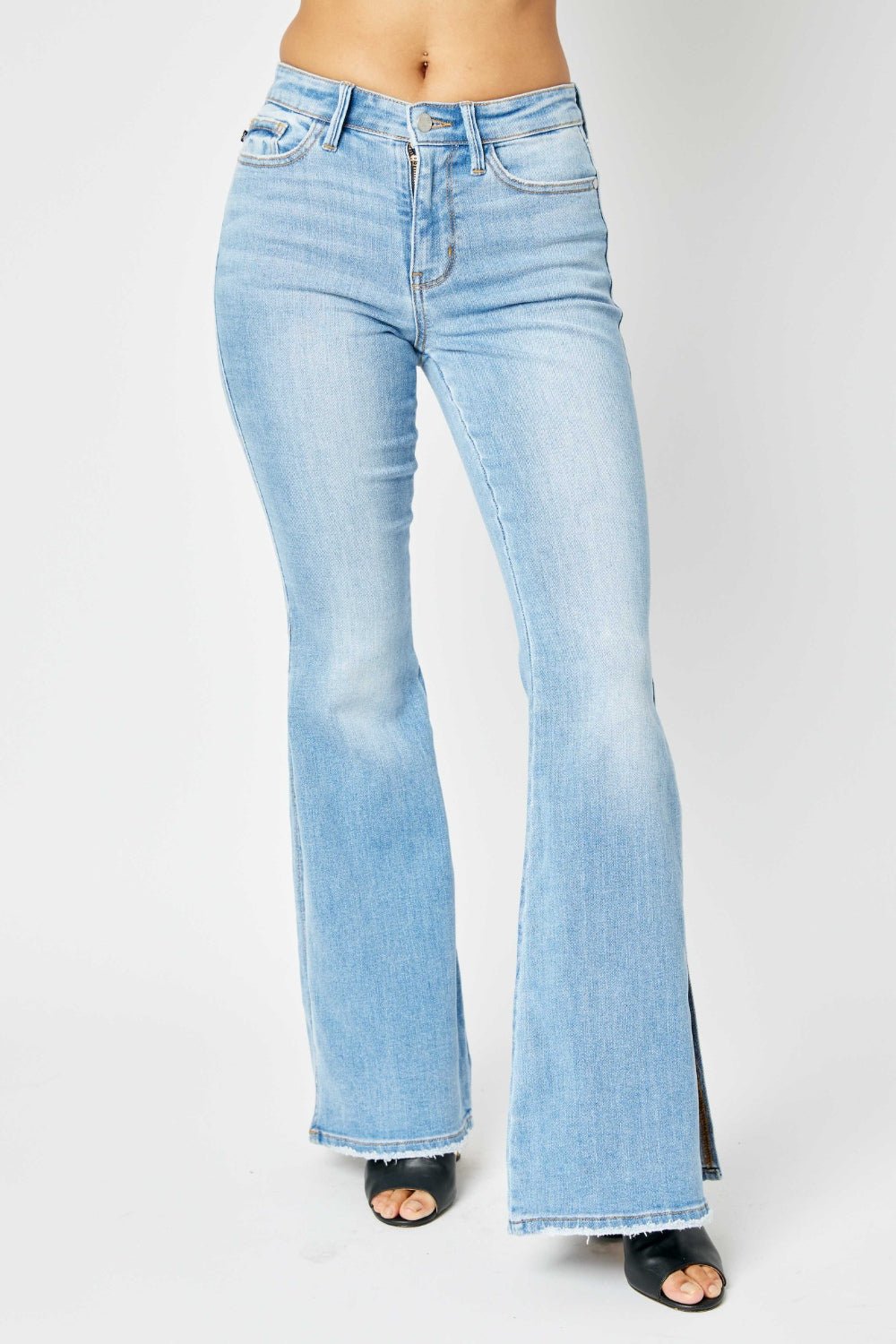 Judy Blue Full Size Mid Rise Raw Hem Slit Flare Jeans - Purcell's Clothing Company - 