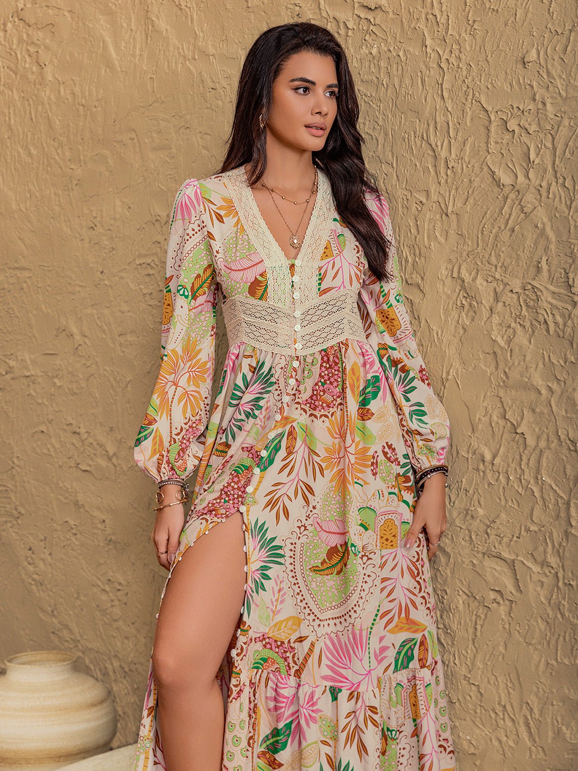 Lace Detail Printed V - Neck Long Sleeve Midi Dress - Purcell's Clothing Company - 