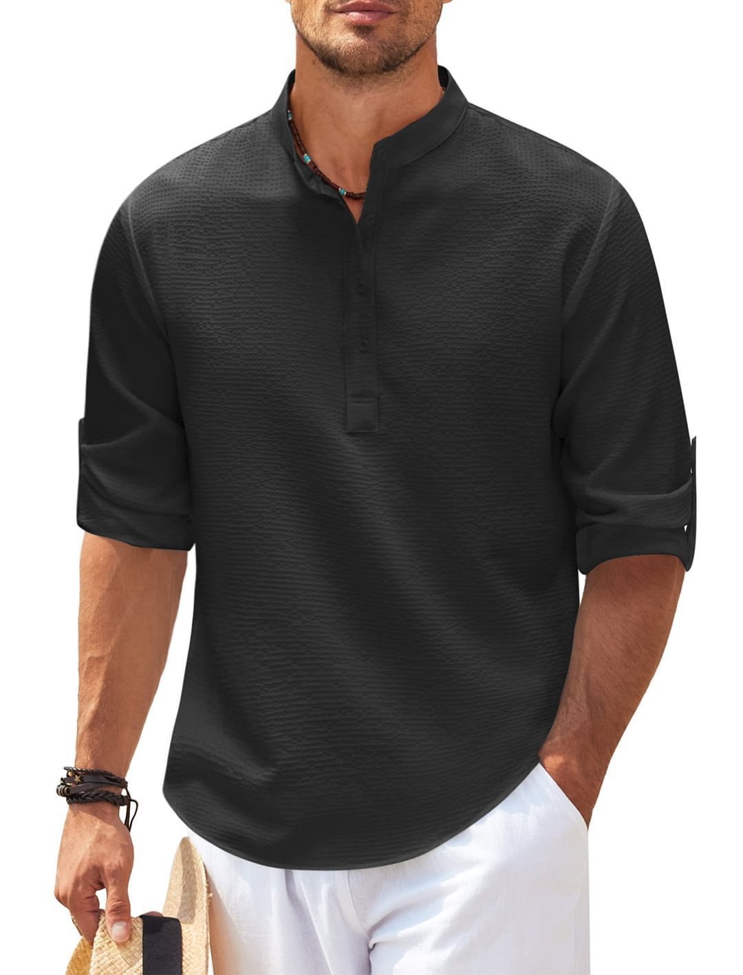 Men's Casual Shirt Long Sleeve Stand Collar Solid Color Shirt Mens Clothing - Purcell's Clothing Company - 0