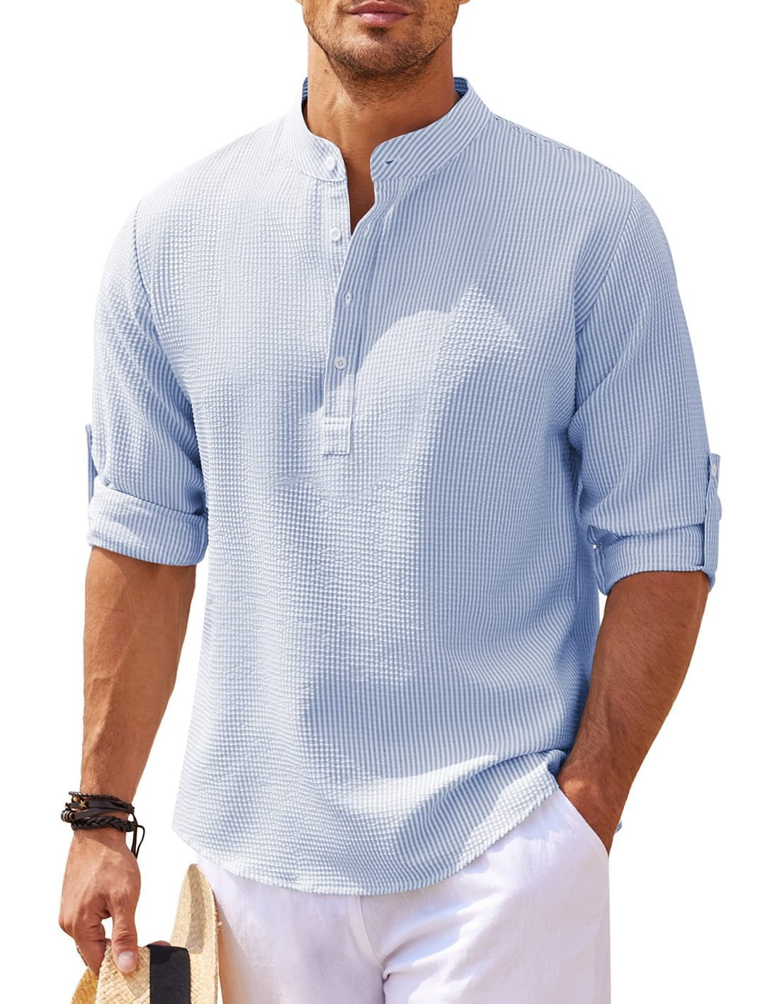 Men's Casual Shirt Long Sleeve Stand Collar Solid Color Shirt Mens Clothing - Purcell's Clothing Company - 0