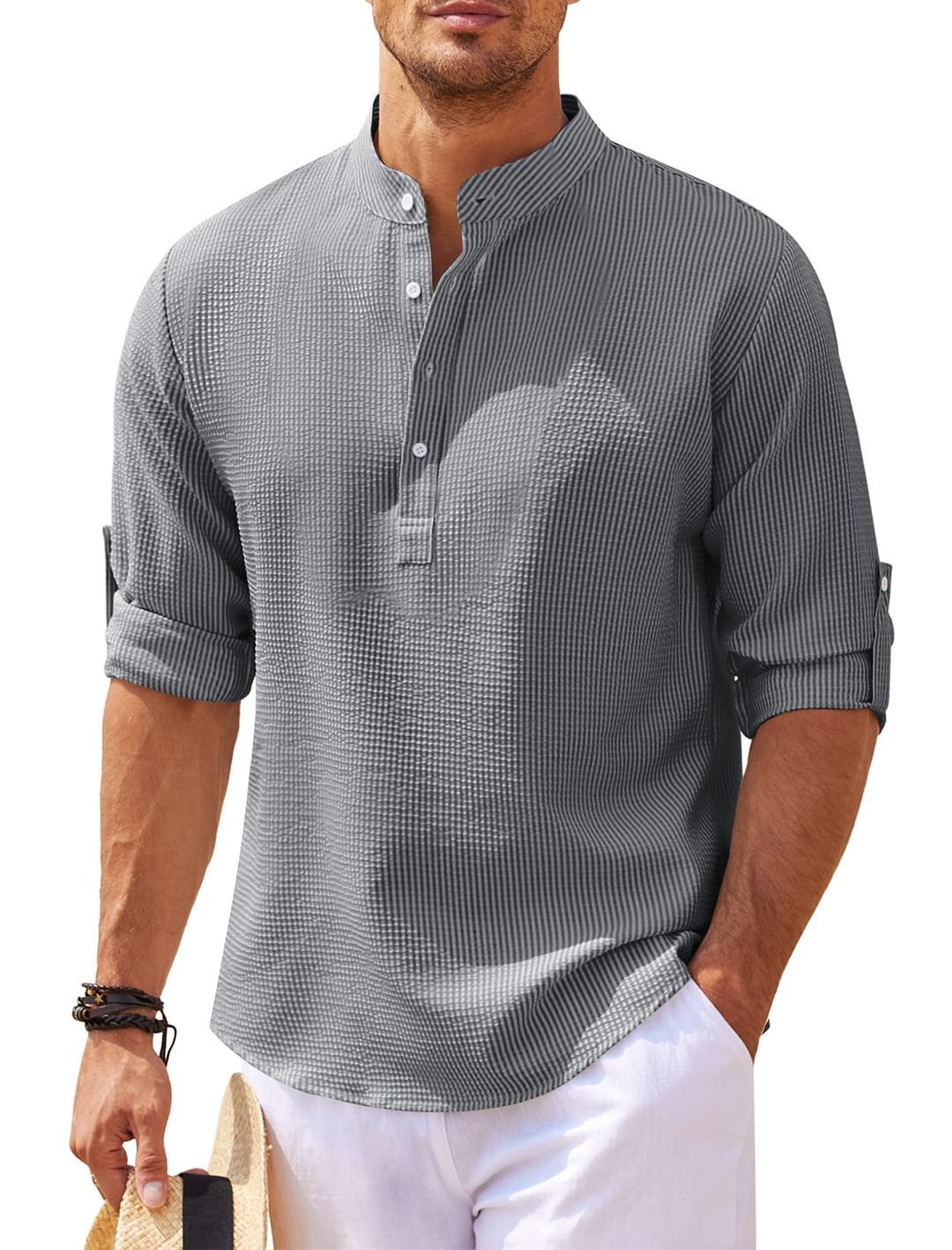 Men's Casual Shirt Long Sleeve Stand Collar Solid Color Shirt Mens Clothing - Purcell's Clothing Company - 0