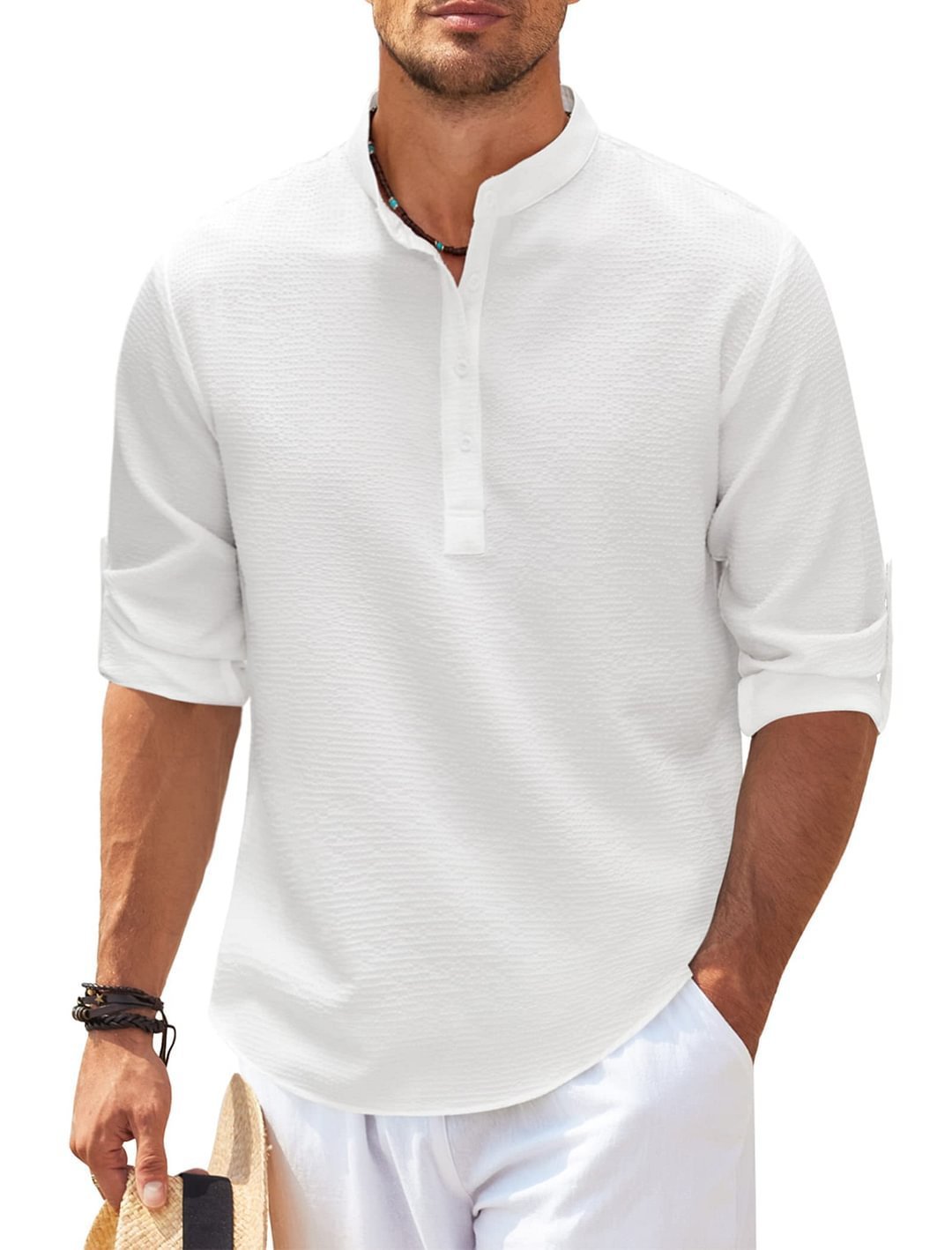 Men's Casual Shirt Long Sleeve Stand Collar Solid Color Shirt Mens Clothing - Purcell's Clothing Company - 0