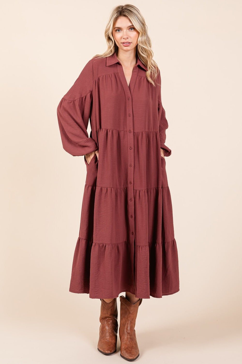 Mittoshop Tiered Button Down Long Sleeve Midi Dress - Purcell's Clothing Company - 