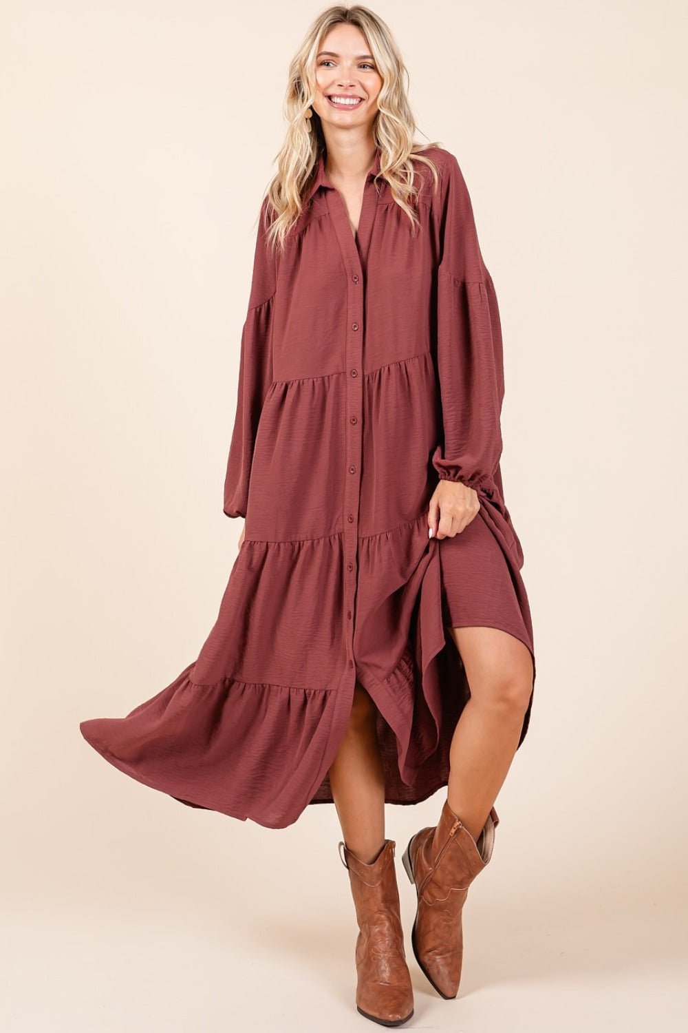 Mittoshop Tiered Button Down Long Sleeve Midi Dress - Purcell's Clothing Company - 