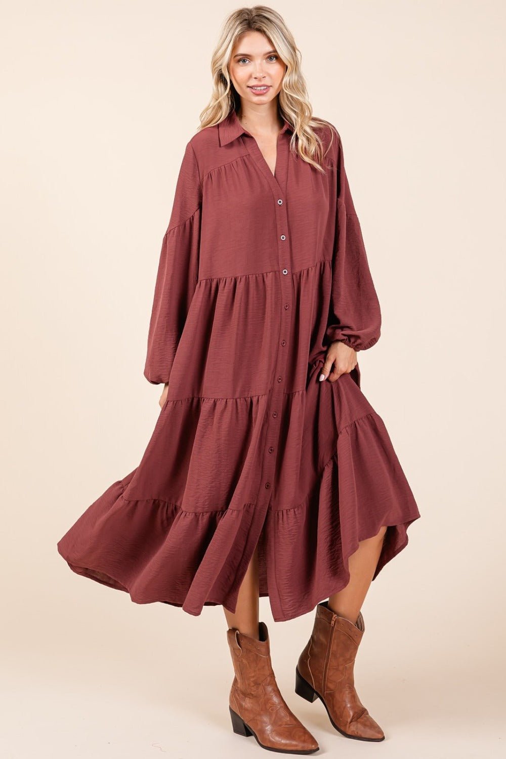 Mittoshop Tiered Button Down Long Sleeve Midi Dress - Purcell's Clothing Company - 