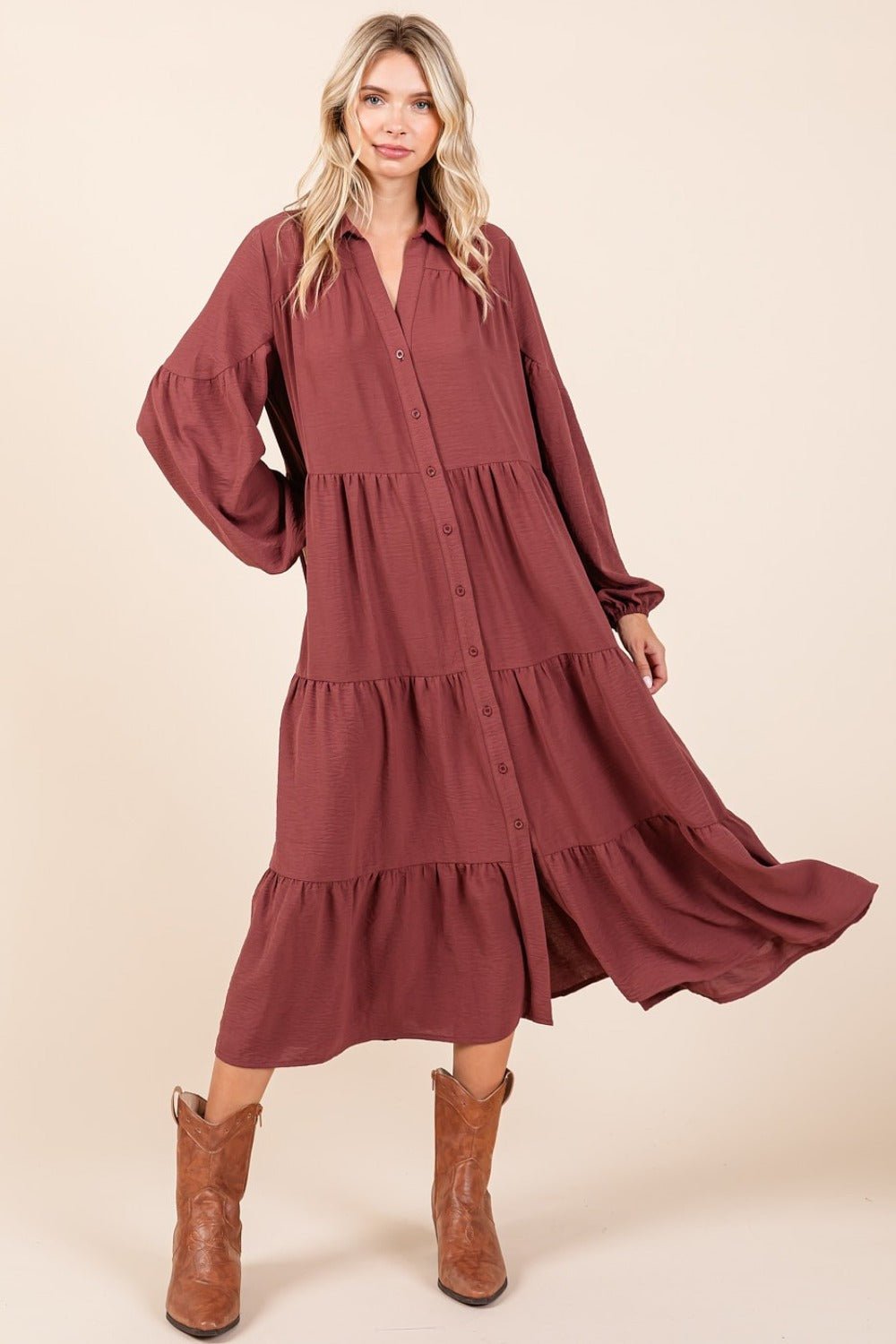 Mittoshop Tiered Button Down Long Sleeve Midi Dress - Purcell's Clothing Company - 