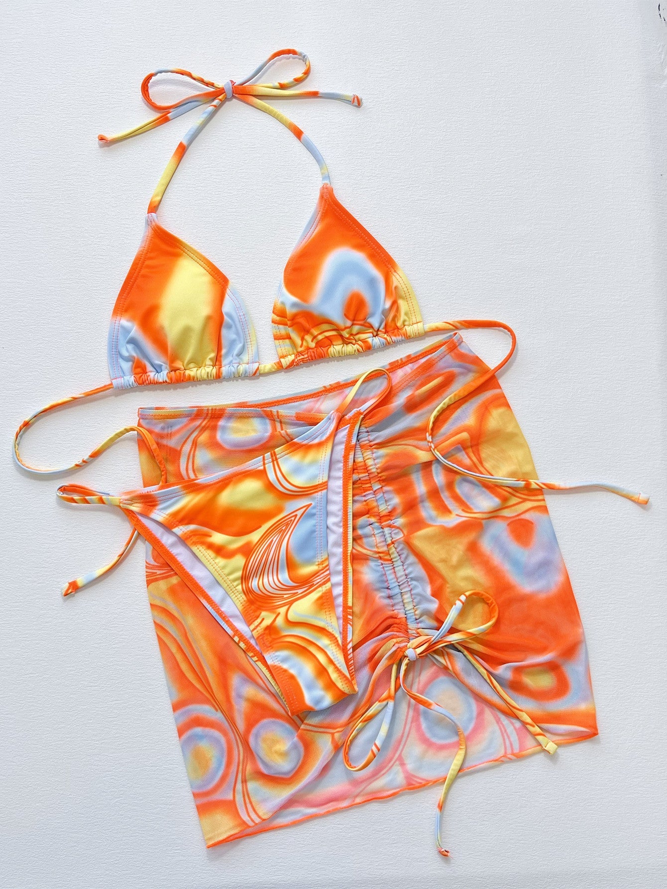 Multicolored Drawstring Ruched Three - Piece Swim Set - Purcell's Clothing Company - 