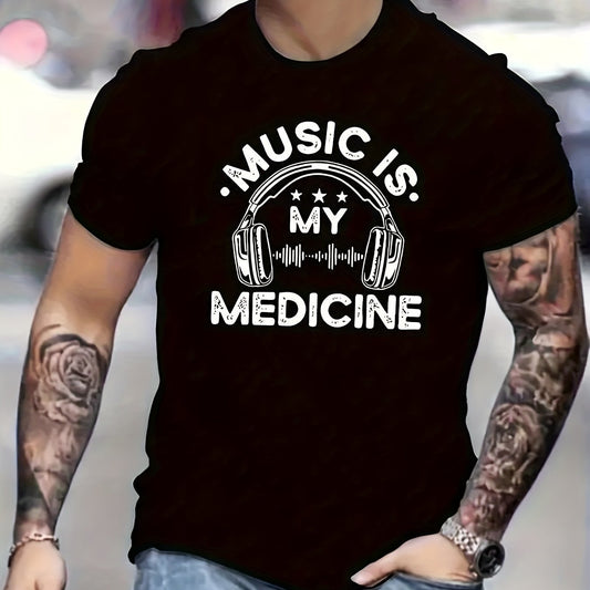 Music Is Good Medicine, Letter Printed Men's Short Sleeved Round Neck Plus Size T-shirt, Summer Fashionable Round Neck Short Sleeved Top - Purcell's Clothing Company - 5