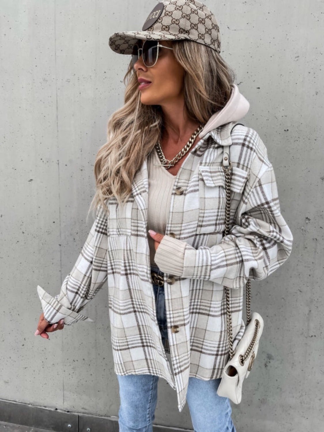 Plaid Dropped Shoulder Hooded Jacket - Purcell's Clothing Company - 