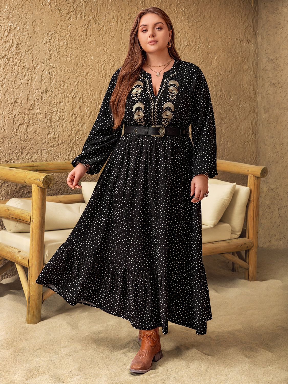 Plus Size Embroidered Polka Dot Notched Long Sleeve Dress - Purcell's Clothing Company - 