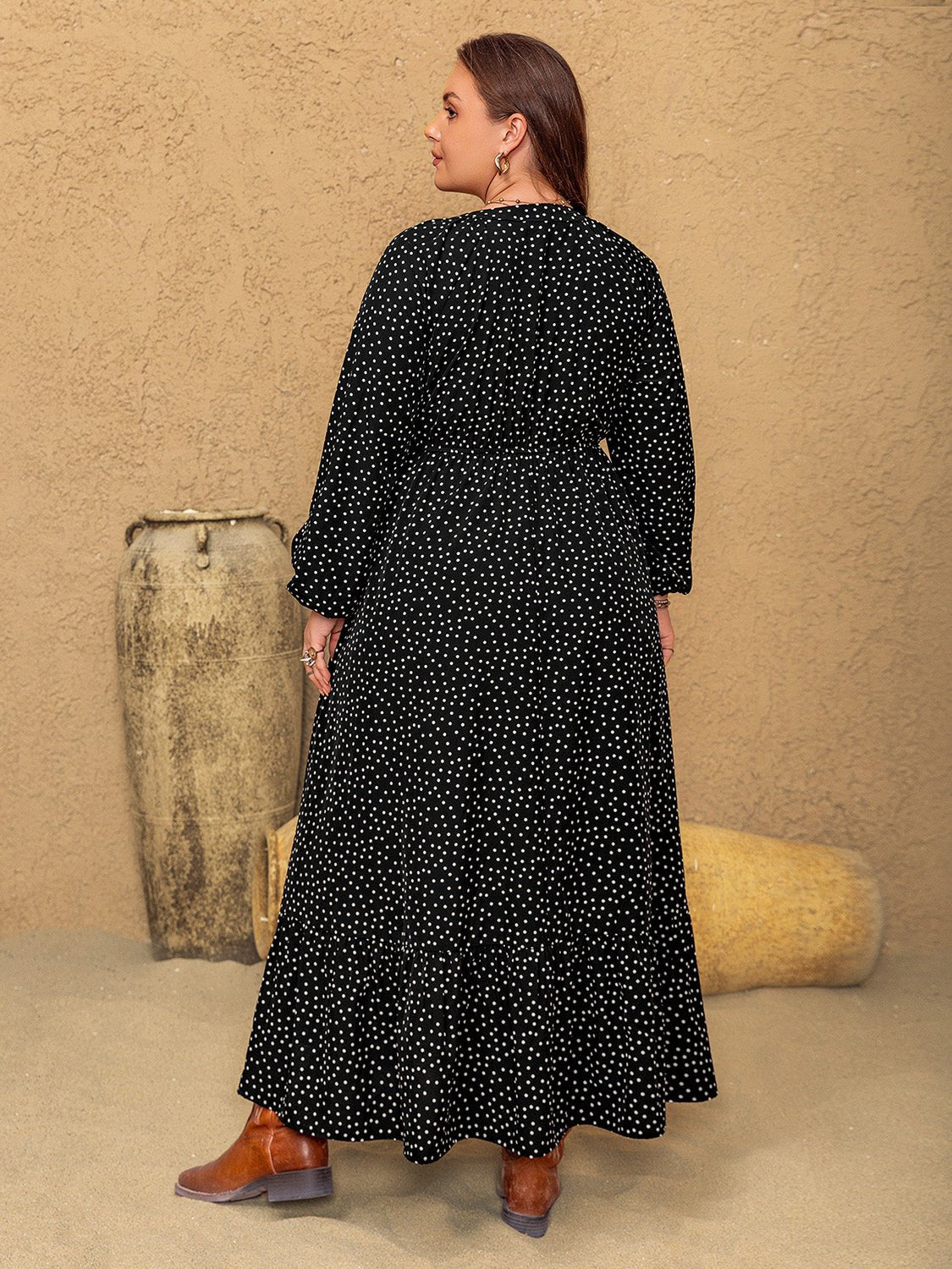 Plus Size Embroidered Polka Dot Notched Long Sleeve Dress - Purcell's Clothing Company - 