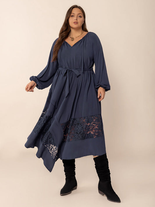 Plus Size Lace Detail Tie Neck Long Sleeve Midi Dress - Purcell's Clothing Company - 