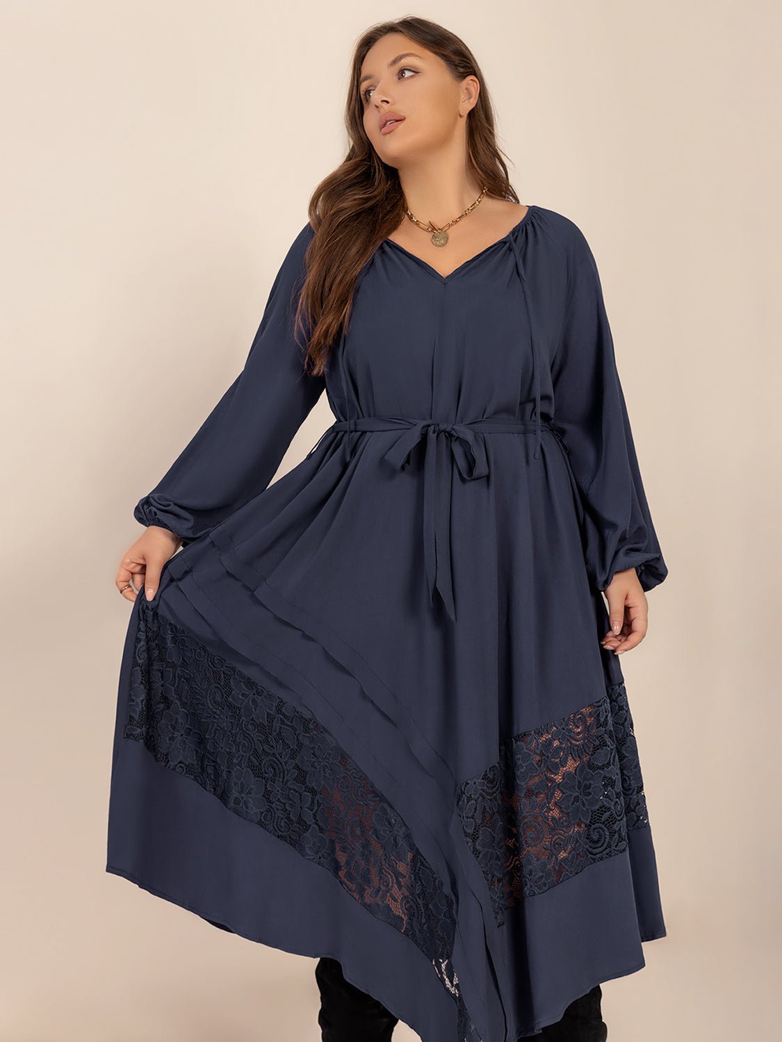 Plus Size Lace Detail Tie Neck Long Sleeve Midi Dress - Purcell's Clothing Company - 