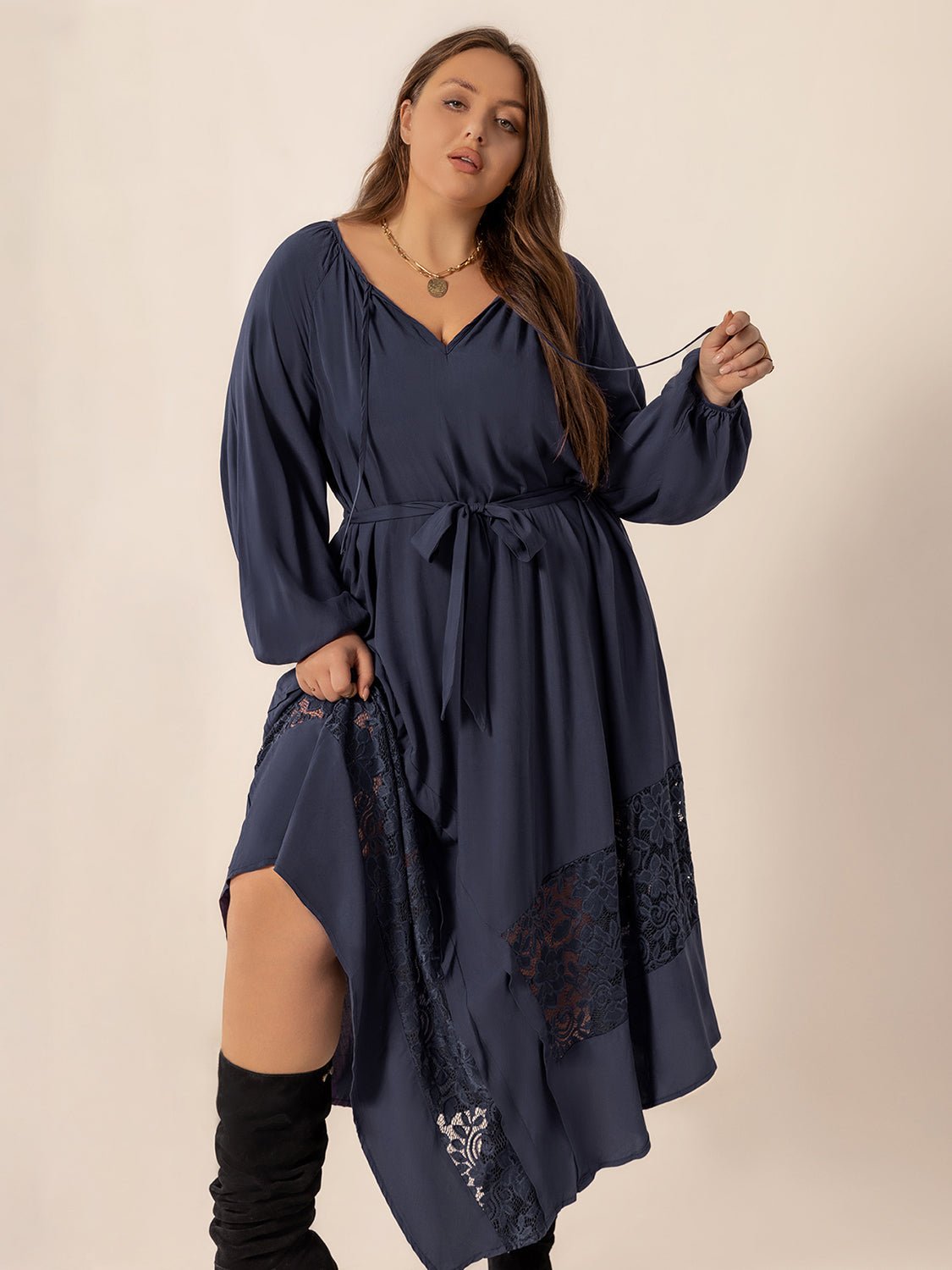 Plus Size Lace Detail Tie Neck Long Sleeve Midi Dress - Purcell's Clothing Company - 