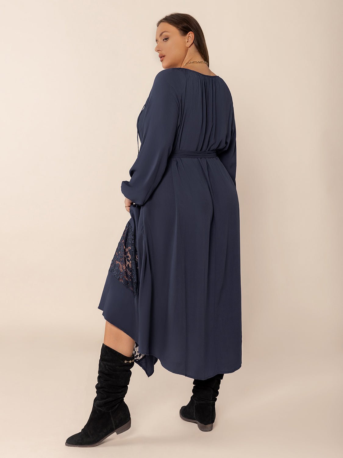 Plus Size Lace Detail Tie Neck Long Sleeve Midi Dress - Purcell's Clothing Company - 