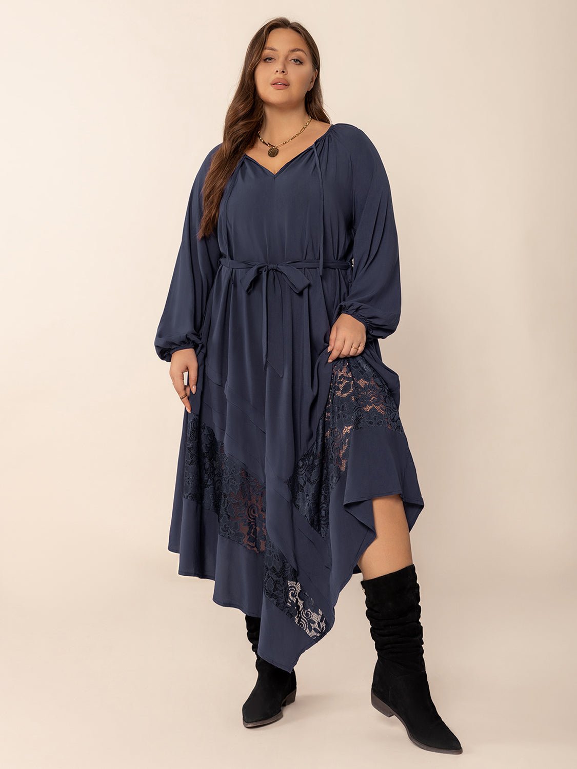 Plus Size Lace Detail Tie Neck Long Sleeve Midi Dress - Purcell's Clothing Company - 