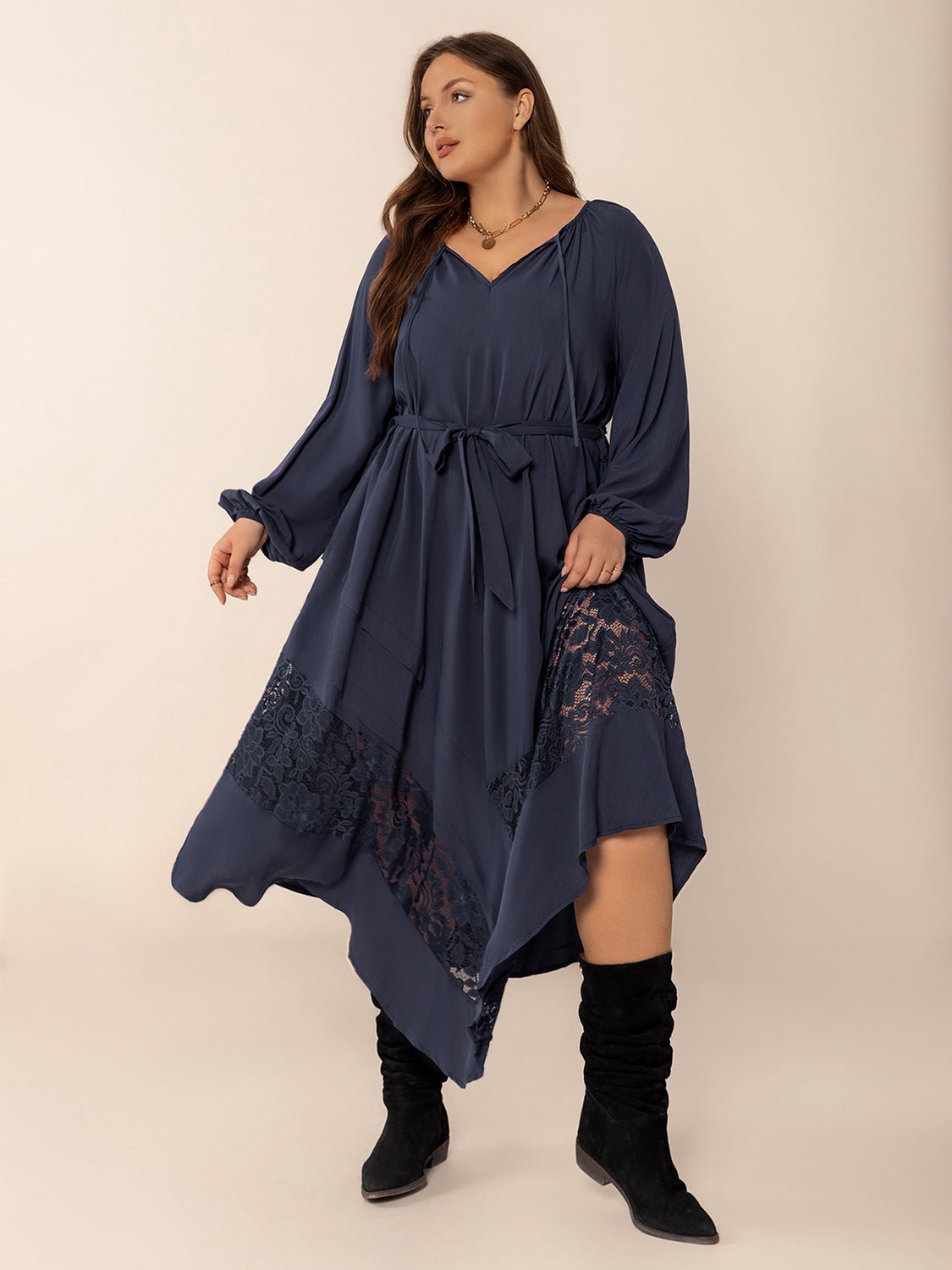 Plus Size Lace Detail Tie Neck Long Sleeve Midi Dress - Purcell's Clothing Company - 