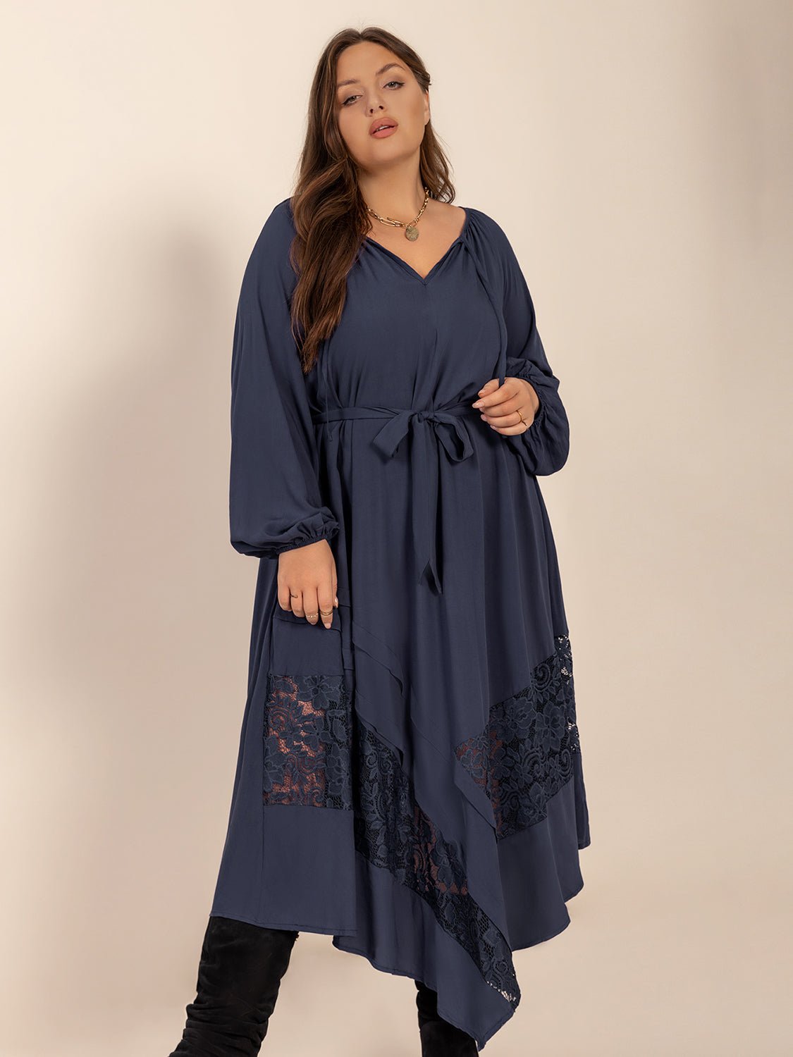 Plus Size Lace Detail Tie Neck Long Sleeve Midi Dress - Purcell's Clothing Company - 