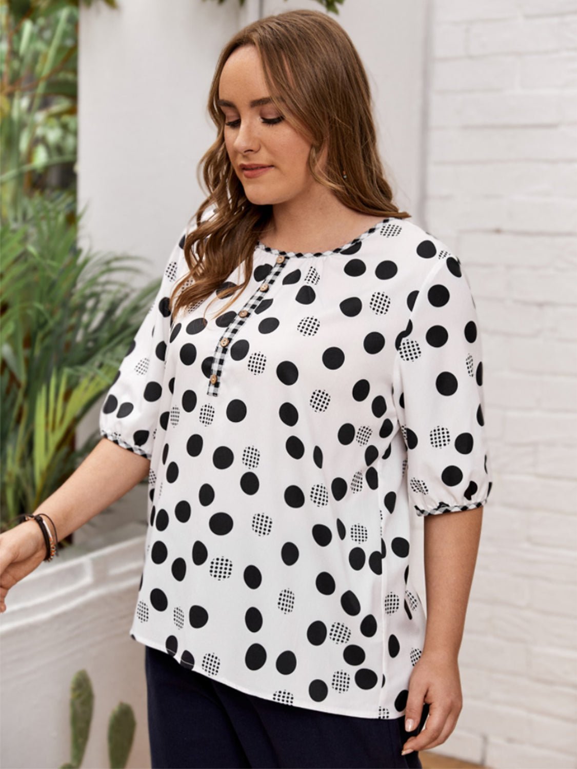 Plus Size Polka Dot Round Neck Half Sleeve Blouse - Purcell's Clothing Company - 