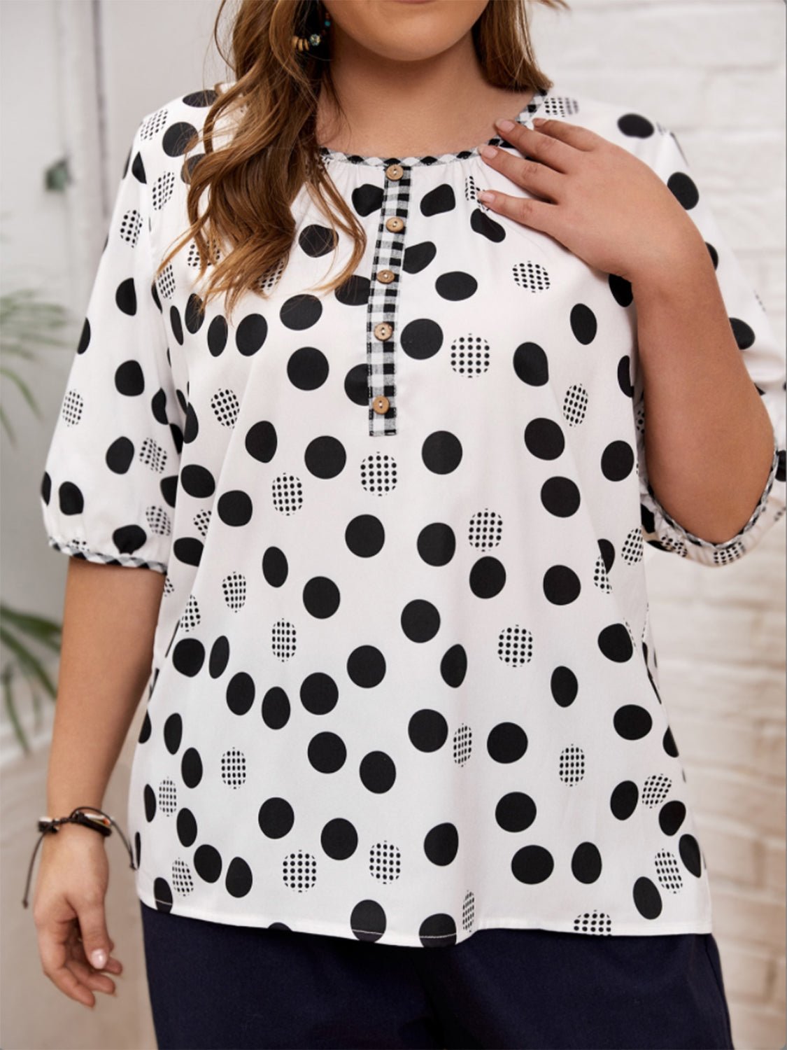 Plus Size Polka Dot Round Neck Half Sleeve Blouse - Purcell's Clothing Company - 