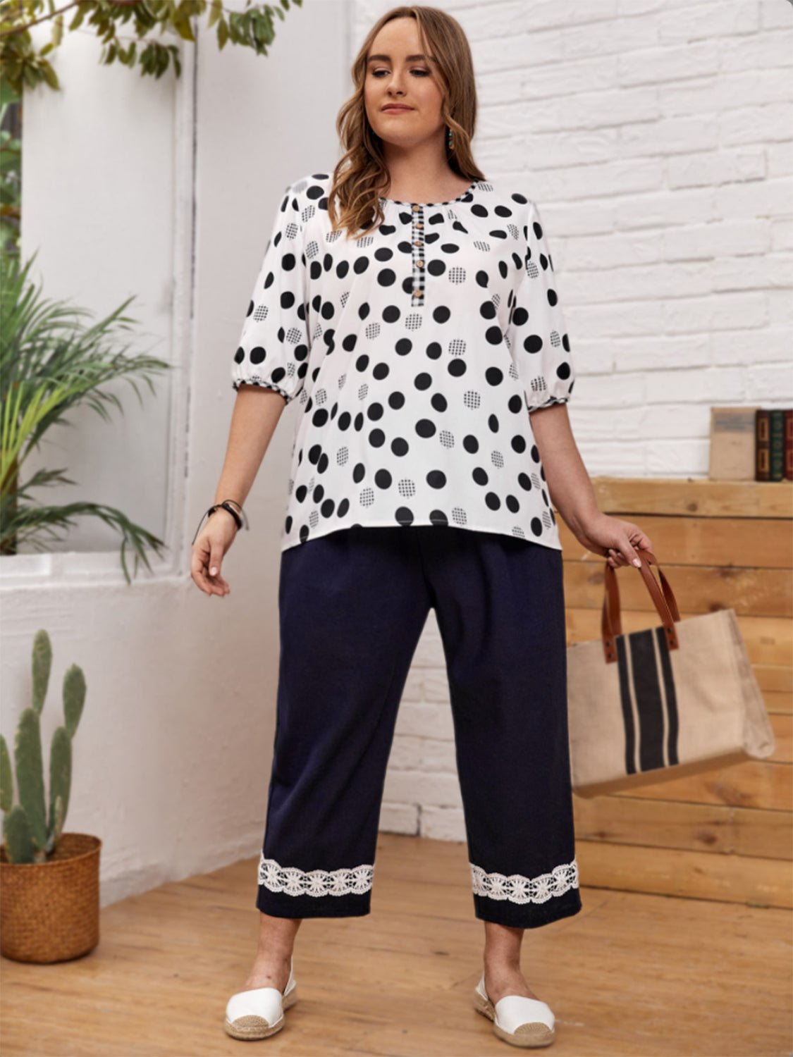 Plus Size Polka Dot Round Neck Half Sleeve Blouse - Purcell's Clothing Company - 