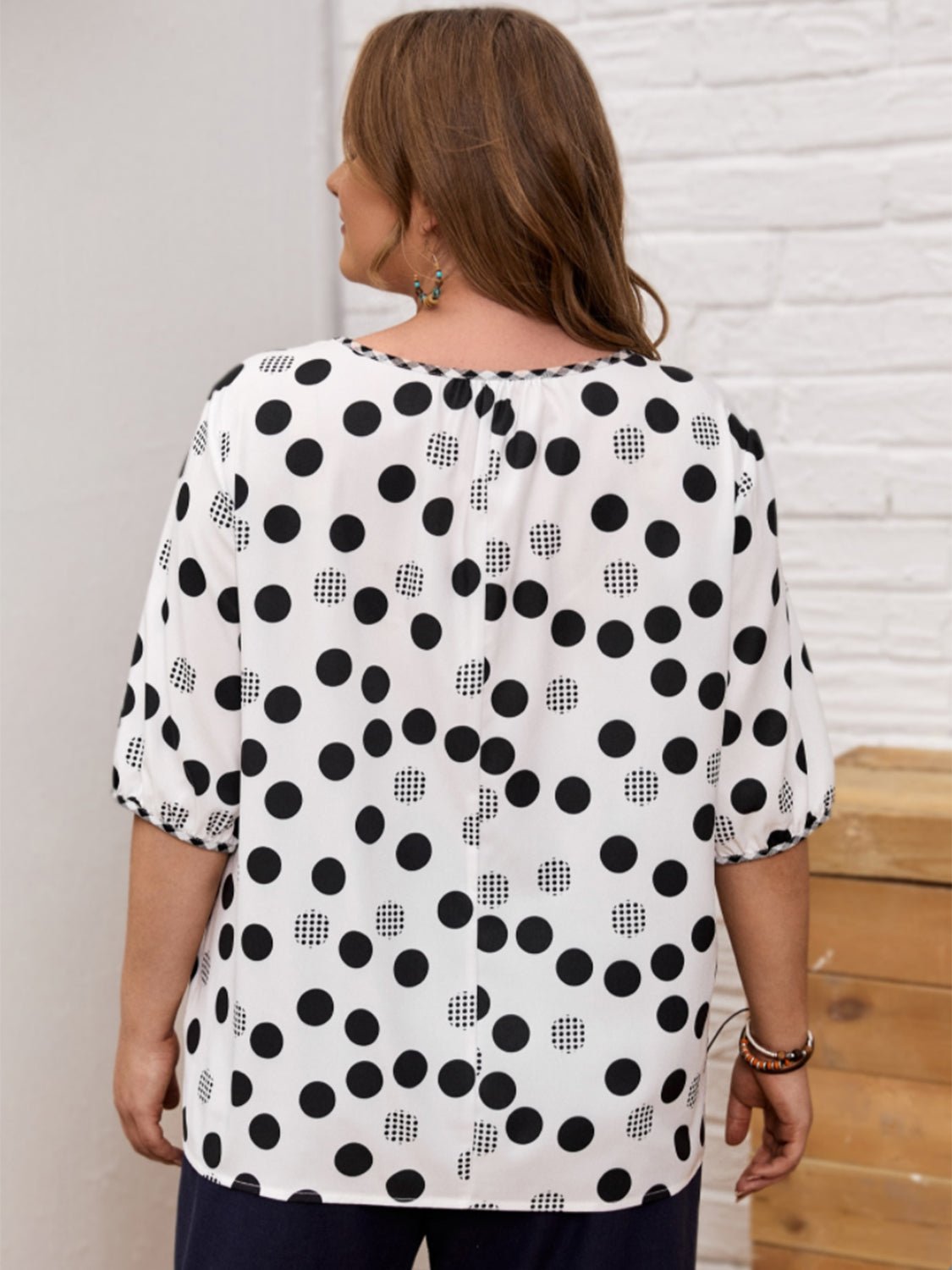 Plus Size Polka Dot Round Neck Half Sleeve Blouse - Purcell's Clothing Company - 