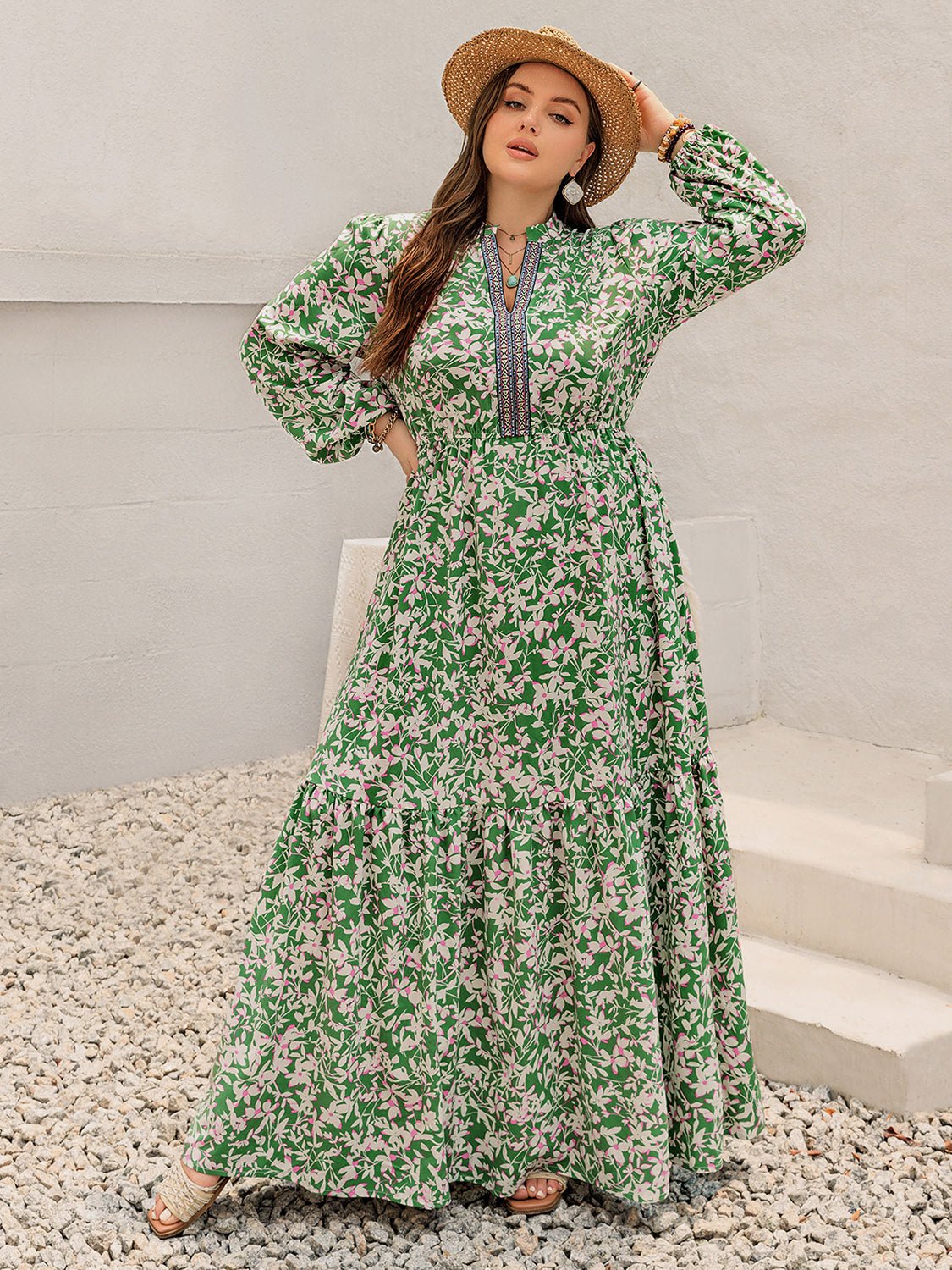 Plus Size Printed Notched Long Sleeve Maxi Dress - Purcell's Clothing Company - 