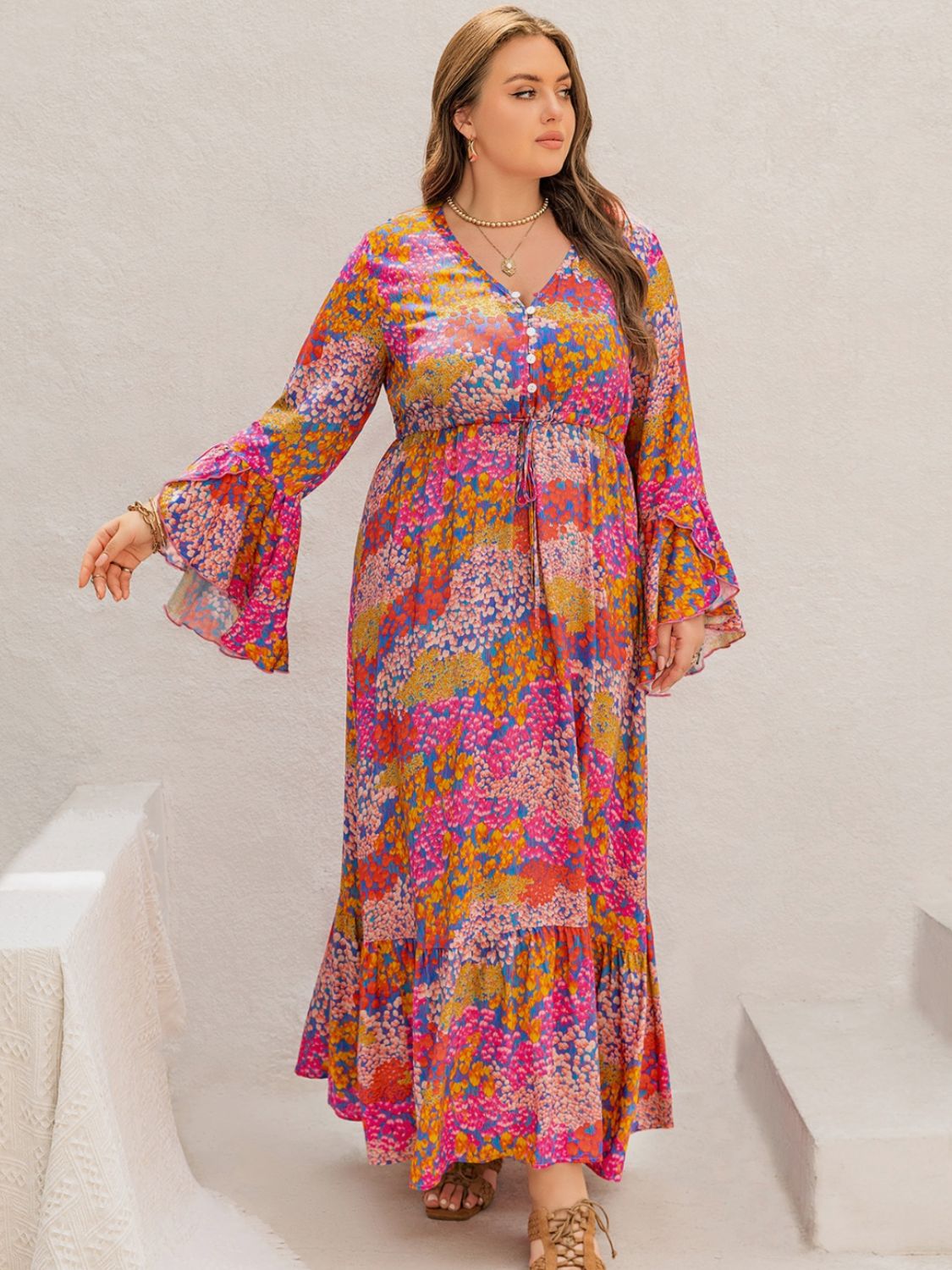 Plus Size Printed V - Neck Long Sleeve Maxi Dress - Purcell's Clothing Company - 