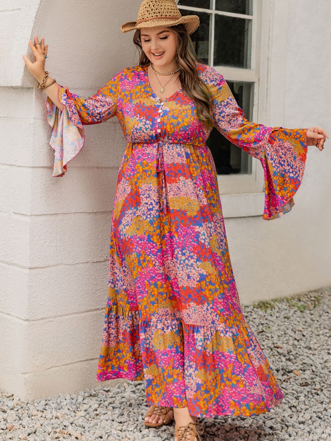 Plus Size Printed V - Neck Long Sleeve Maxi Dress - Purcell's Clothing Company - 