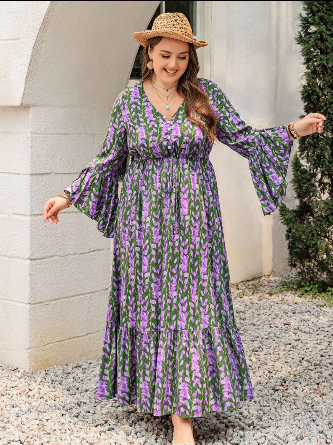 Plus Size Printed V - Neck Long Sleeve Maxi Dress - Purcell's Clothing Company - 