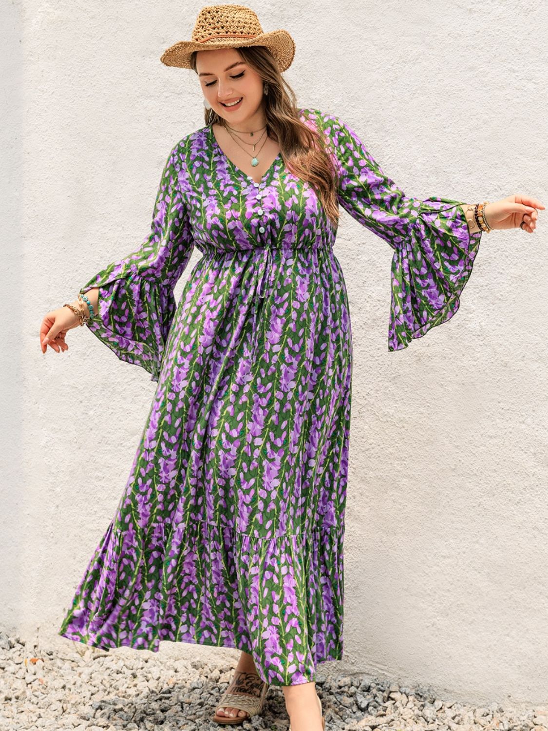 Plus Size Printed V - Neck Long Sleeve Maxi Dress - Purcell's Clothing Company - 