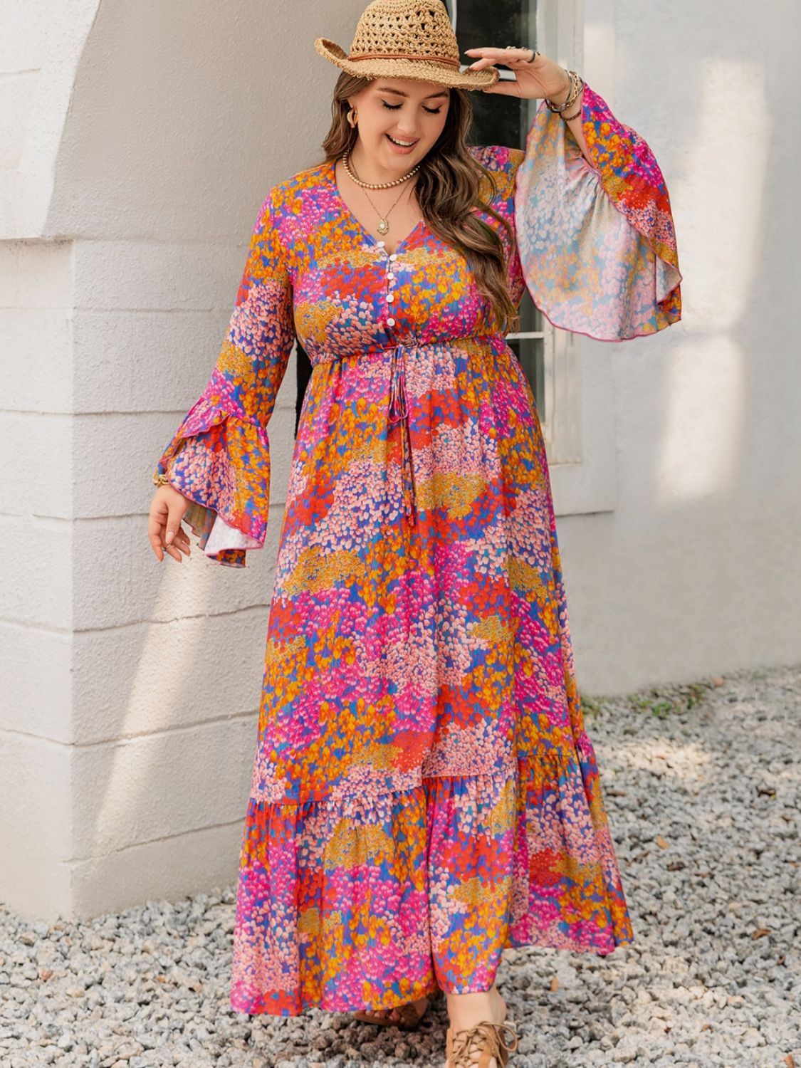 Plus Size Printed V - Neck Long Sleeve Maxi Dress - Purcell's Clothing Company - 