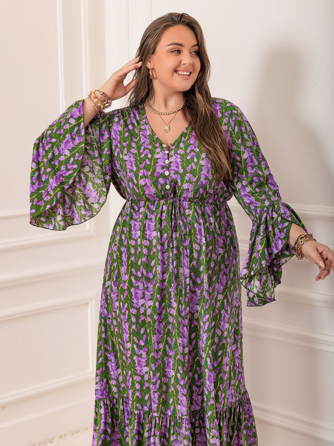 Plus Size Printed V - Neck Long Sleeve Maxi Dress - Purcell's Clothing Company - 