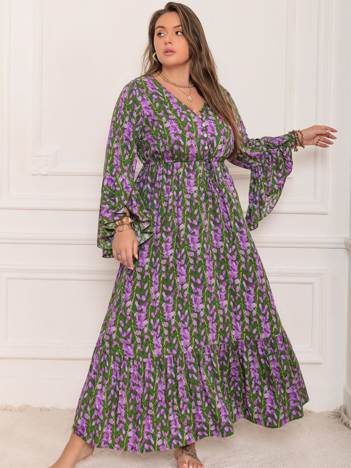 Plus Size Printed V - Neck Long Sleeve Maxi Dress - Purcell's Clothing Company - 